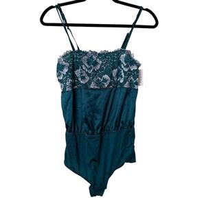 Auden Womens Small Bodysuit Teal Floral Fairy Lace Satin Adjustable Straps NWT